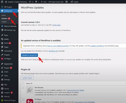 WordPress admin dashboard showing core updates available